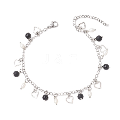 Natural Black Agate(Dyed & Heated) & Natural Pearl & 304 Stainless Steel Heart Tassel Curb Chain Anklets AJEW-AN00697-1