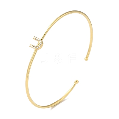 Rack Plating Brass Micro Pave Clear Cubic Zirconia Letter Open Cuff Bangles BJEW-A018-01G-U-1
