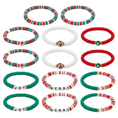 14Pcs 2 Sets Christmas Theme Polymer Clay Heishi Beaded Stretch Bracelets BJEW-ME0001-17B-1