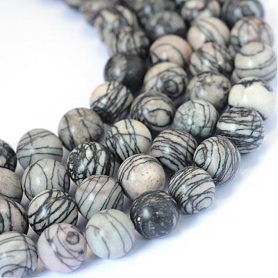 Natural Black Silk Stone/Netstone Round Bead Strands G-E334-8mm-05-1