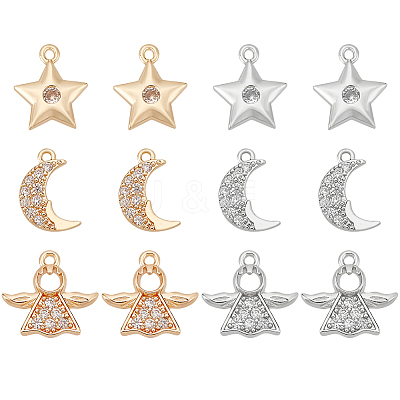 12Pcs 6 Style Rack Plating Brass Micro Pave Clear Cubic Zirconia Charms KK-BC0009-92-1