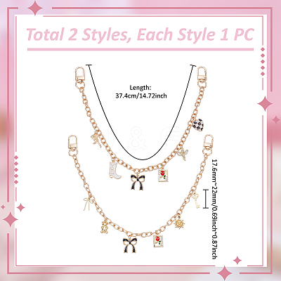 2Pcs 2 Styles Alloy Enamel Bowknot Boot Heart Purse Decorative Chains HJEW-UN00084-1