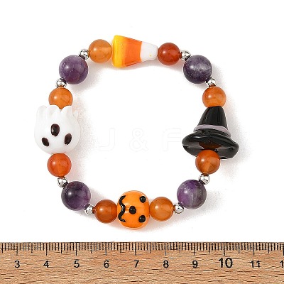 Handmade Lampworrk Ghost Pumpkin and Round Natural Amethyst & Red Agate Beaded Stretch Bracelets for Women BJEW-TA00766-1