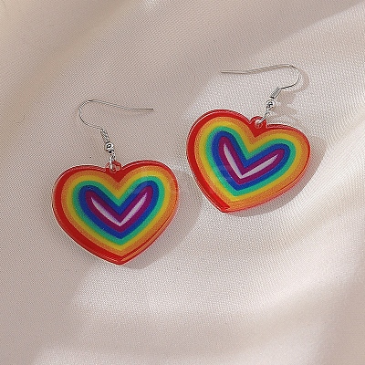 Pride Rainbow Flag Resin Heart Dangle Earrings PW-WG96446-01-1