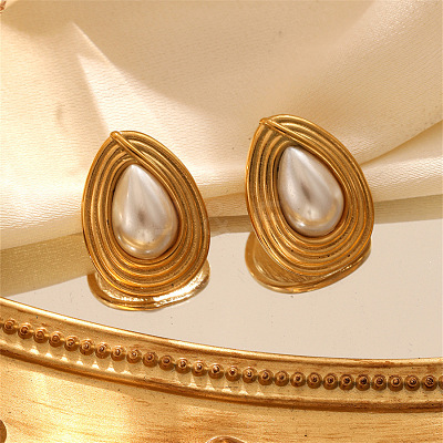 304 Stainless Steel & Plastic Pearls Hoop Earrings for Women EJEW-S236-02G-1