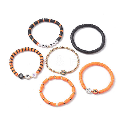6Pcs 6 Styles Halloween Handmade Polymer Clay Beaded Stretch Bracelets Sets X1-BJEW-TA00490-1
