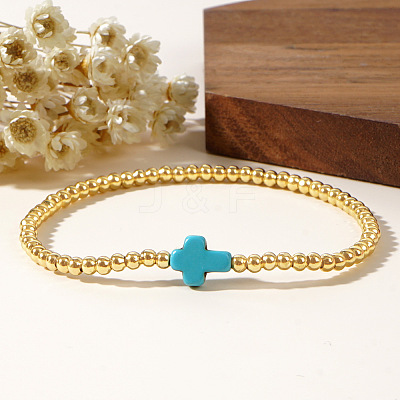 Cross Synthetic Turquoise & Round Brass Beaded Stretch Bracelets VG5379-1-1