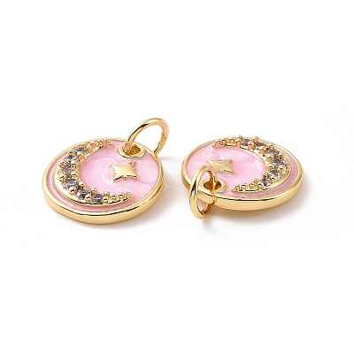 Flat Round with Moon & Star Brass Micro Pave Clear Cubic Zirconia Charms KK-G435-41G-1