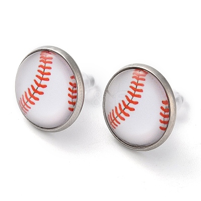 Sport Balls Glass & 304 Stainless Steel Stud Earrings for Women EJEW-H005-01P-05-1