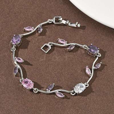 Brass Micro Pave Cubic Zirconia Oval & Leaf Link Chain Bracelets for Women BJEW-G764-05P-01-1