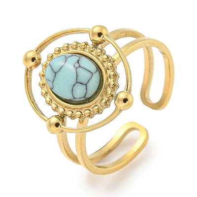 Ion Plating(IP) 304 Stainless Steel Synthetic Turquoise Cuff Rings G-Z056-04G-05-1