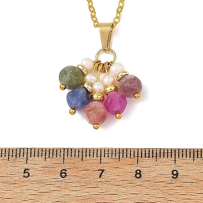 Natural Multicolor Tourmaline Dice Tassel Pendant Brass Cable Chain Necklaces with Natural Pearl for Women NJEW-JN06472-1