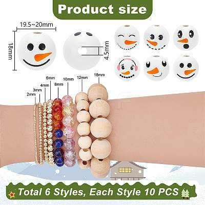 60Pcs 6 Styles Round Christmas Snowman Print Wood European Beads WOOD-PH0003-05-1
