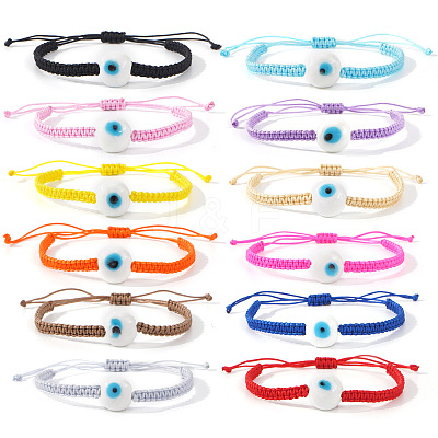 12Pcs 12 Colors Lampwork Evil Eye Round Beaded Braided Bead Bracelets KJ0725-28-1