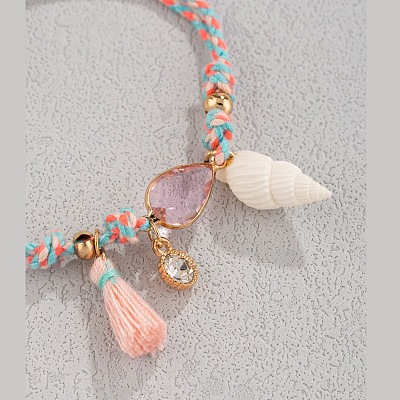 Bohemian Alloy Glass Teardrop and Natural Shell Charm Braided Cotton Cord Anklets for Women FS-WGB863D-01-1