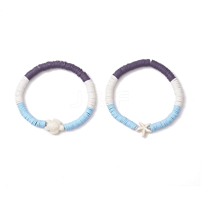2Pcs Flat Round Handmade Polymer Clay Heishi Beaded Stretch Bracelets BJEW-JB11802-1