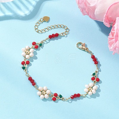 Brass Enamel Cherry Link Chain Bracelets for Women BJEW-JB14046-1