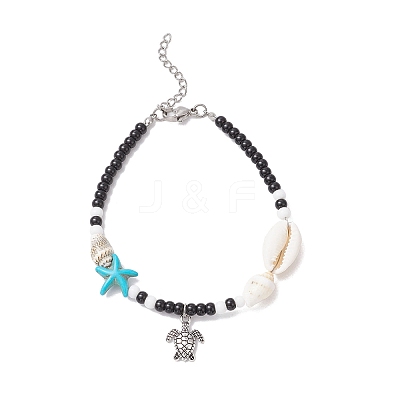 2Pcs 2 Styles Summer Beach Synthetic Turquoise Starfish & Natural Cowrie Shell & Glass Seed Round Beaded Alloy Turtle Charm Anklets X1-AJEW-TA00038-1