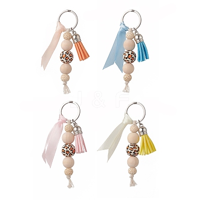 Cube & Round & Octagon Wooden Beaded Pendant Keychain KEYC-JKC00462-1