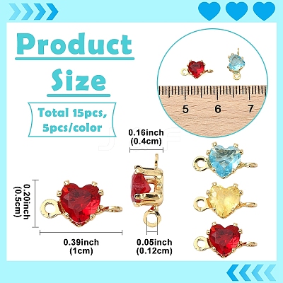 15Pcs 3 Colors Brass Pave Cubic Zirconia Heart Connector Charms KK-YW0004-66-1