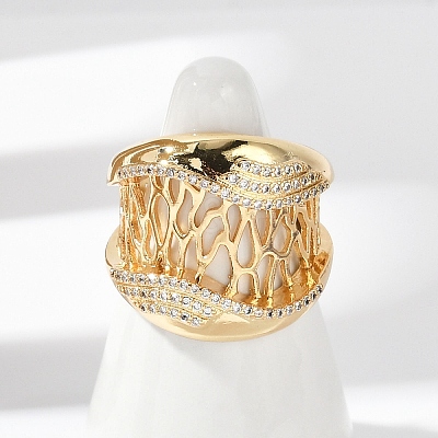 Brass Micro Pave Clear Cubic Zirconia Open Cuff Rings for Women RJEW-A059-05G-1
