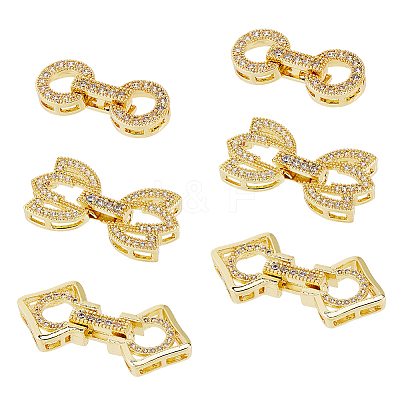 6Pcs 3 Styles Rack Plating Brass Micro Pave Clear Cubic Zirconia Fold Over Clasps KK-HS0001-02G-1