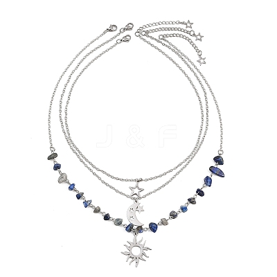 201 Stainless Steel Sun Moon Star Pendant Natural Lapis Lazuli & 304 Stainless Steel Link Chain 3 Layer Necklaces for Women NJEW-JN05470-04-1