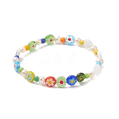 2Pcs 2 Style Natural Pearl & Lampwork Flower & Glass Seed Beaded Stretch Bracelets Set for Women BJEW-JB09101-1