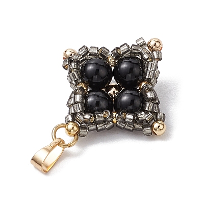 Natural Black Onyx(Dyed & Heated) & Glass Seed Beaded Woven Pendants PALLOY-MZ00365-05-1