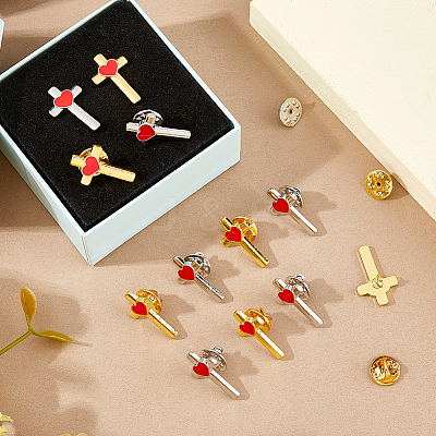 24Pcs 2 Colors Cross with Heart Alloy Enamel Lapel Pin Backs for Backpack Clothes JEWB-FG0001-59-1