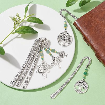 Natural Malaysia Jade & Green Aventurine Beaded Pendant Bookmarks with Alloy Tree of Life AJEW-JK00255-1