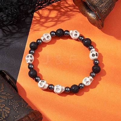 Halloween Skull Synthetic Turquoise & Round Lava Rock & Synthetic Non-Magnetic Hematite Beaded Stretch Bracelets for Women BJEW-JB10656-02-1