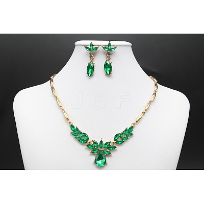 Horse Eye & Leaf & Teardrop Alloy Rhinestone Pendant Necklaces & Stud Dangle Earrings Sets FS-WG3720E-01-1
