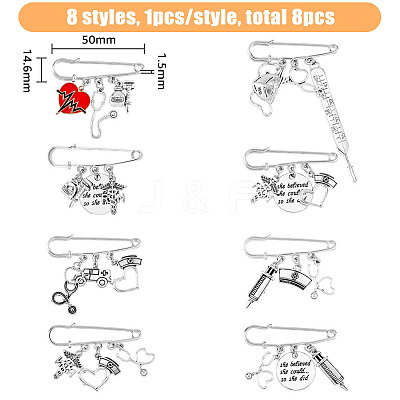 8Pcs 8 Style Nurse's Cap & Infusion Bottle & Caduceus Alloy Charms Safety Pin Brooch JEWB-FH0001-24-1