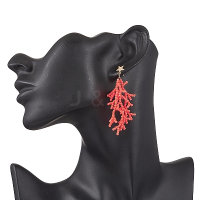 Star with Coral Handmade Glass Seed Beads Tassel Stud Earrings EJEW-MZ00472-1