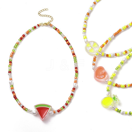 Acrylic Enamel Fruit Pendant Necklace with Glass Seed Chains for Women NJEW-JN04293-1