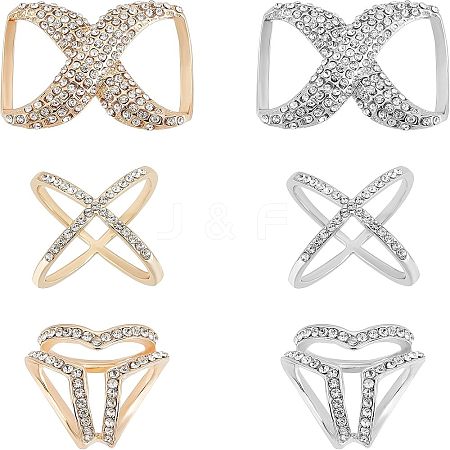 CHGCRAFT 6Pcs 6 Style Crystal Infinity-shaped & X-shape & Three Ring Shape Rhinestone Scarf Buckle Rings JEWB-CA0001-03-1