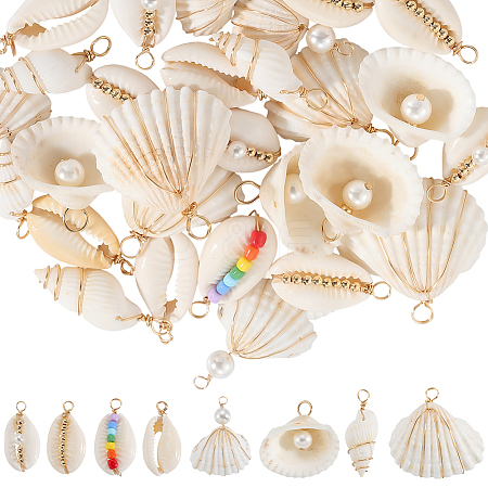 32Pcs 8 Styles Natural Mixed Shell Copper Wire Wrapped Pendants FIND-SC0015-47-1