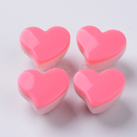  Jewelry Beads Findings Opaque Acrylic Beads, Two Tone, with Flat Plate, Half Drilled, Heart, HotPink, 15x18x13.5mm, Half Hole: 2.5mm