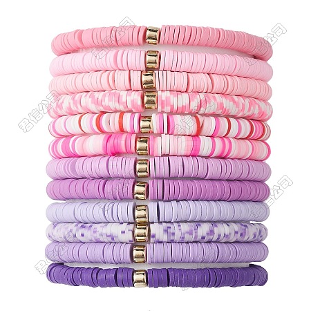 12Pcs 12 Colors Handmade Polymer Clay Heishi Beads Stretch Bracelet Set for Women BJEW-JB09548-S-1