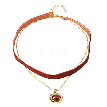 Alloy Resin Oval Pendant Single Face Dark Red Velvet Ribbon & Brass Chain Double Layered Choker Necklaces NJEW-TAC0038-1