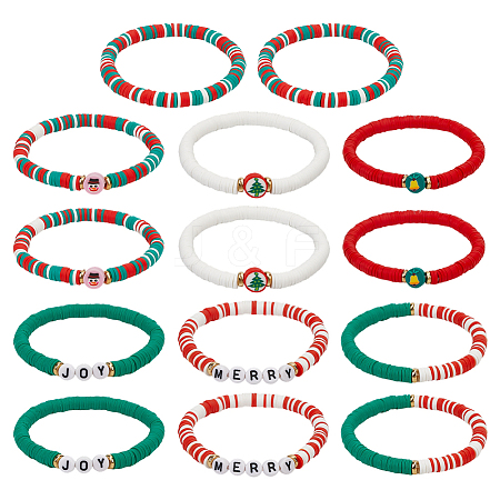 14Pcs 2 Sets Christmas Theme Polymer Clay Heishi Beaded Stretch Bracelets BJEW-ME0001-17B-1