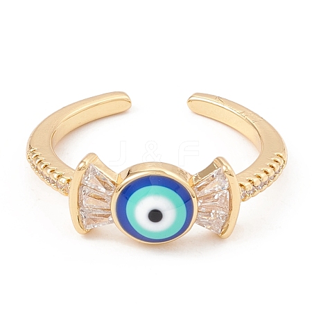 Blue Enamel Candy with Evil Eye Open Cuff Ring with Clear Cubic Zirconia KK-E005-06G-1