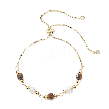 Natural Tiger Eye Cube & Shell Pearl Round Beads Link Bracelets BJEW-JB12907-01-1