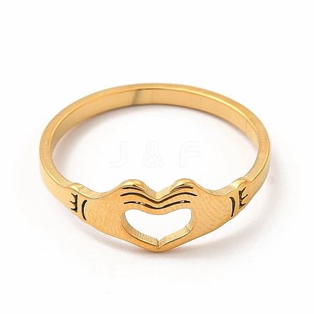 304 Stainless Steel Hollow Out Heart Hand Finger Ring for Women RJEW-K239-03G-1