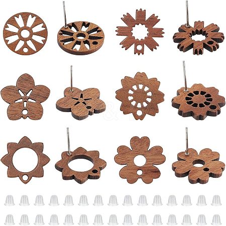  36Pcs 6 Style Walnut Wood Stud Earring Findings MAK-NB0001-11-1