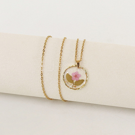 Alloy & Plastic Inner Flower Flat Round Pendant Necklaces FS-WG8915D-17-1