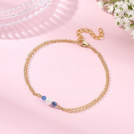 White Round Shell Pearl & Natural Blue Agate(Dyed & Heated) Beads Anklets AJEW-AN00835-03-1