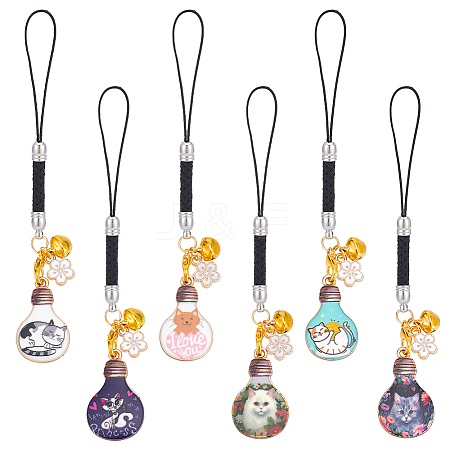 12Pcs 6 Colors Lamp Bulb with Cat Printed Alloy Mobile Straps HJEW-OC00003-1