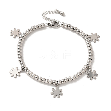 304 Stainless Steel Snowflake Charm Bracelet with 201 Stainless Steel Round Beads for Women BJEW-B057-19P-1